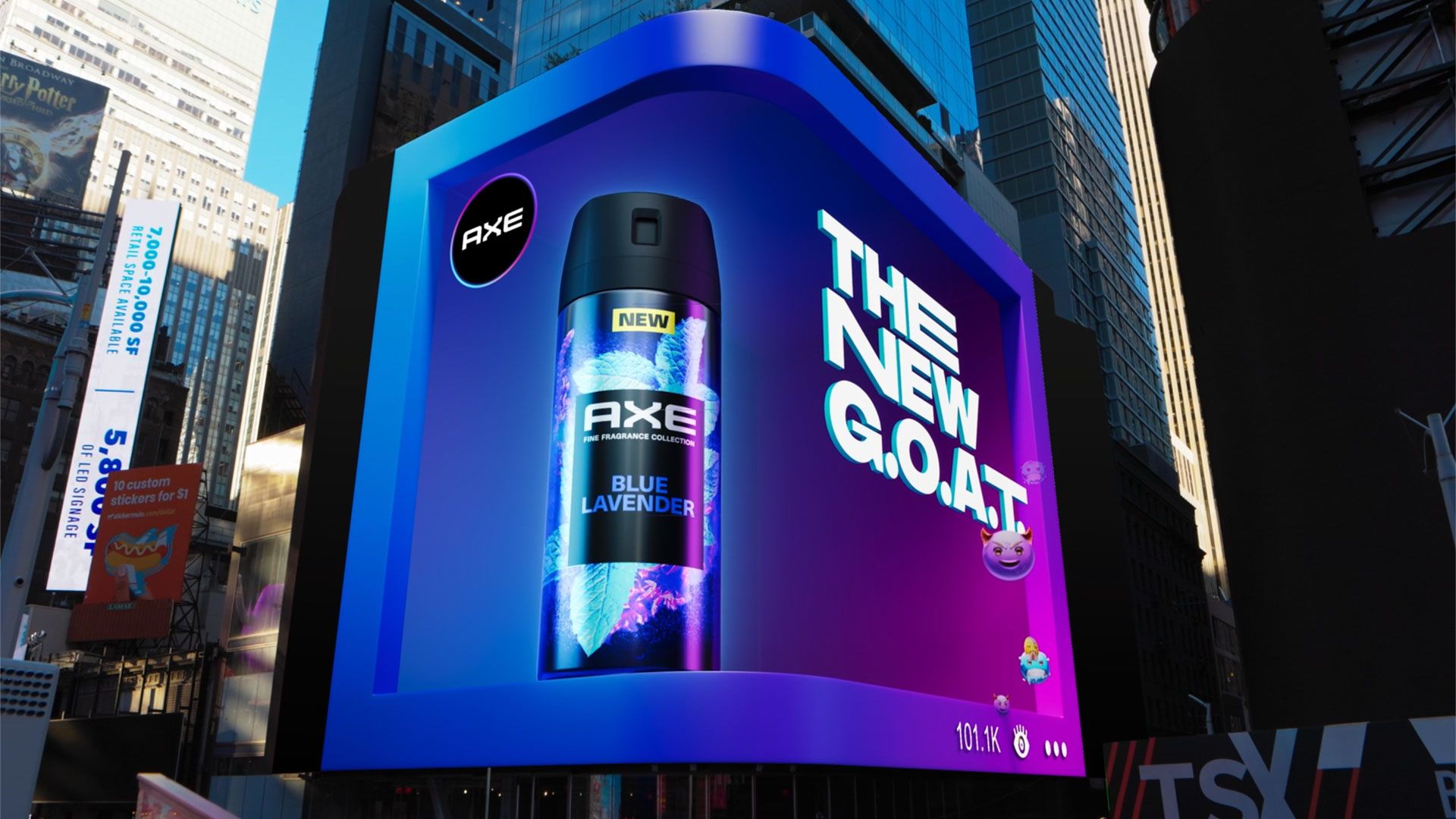 A billboard in Times Square, New York City, advertising Axe Blue Lavender anti perspirant