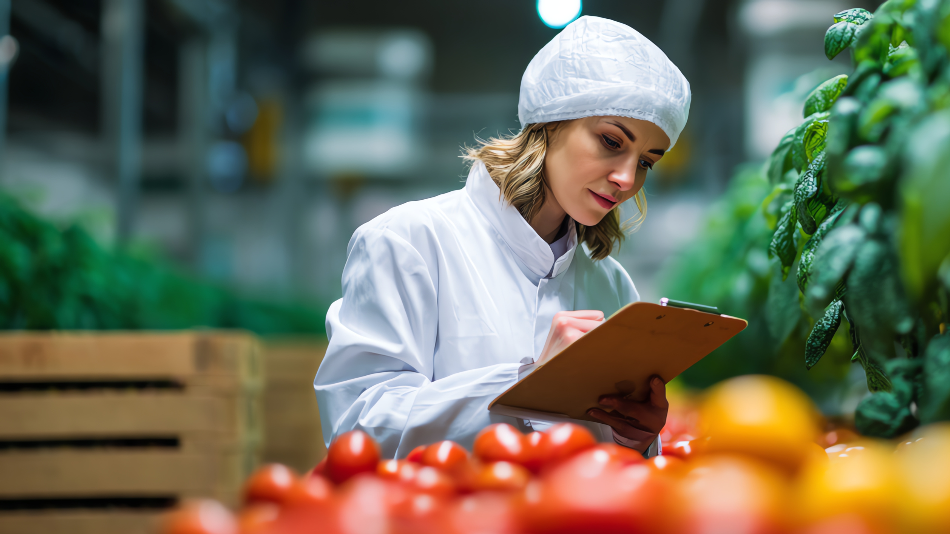 Woman in lab coat inspecting produce in greenhouse.
