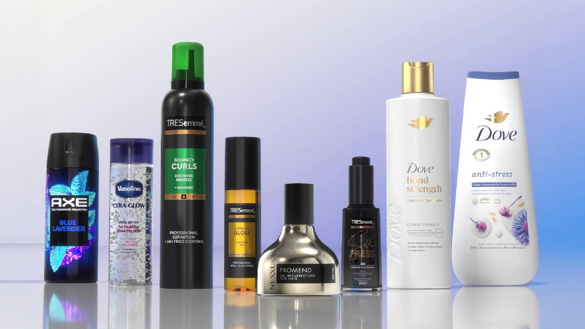 A line-up of some of the products powering d-commerce shopping from Axe, Vaseline, TRESemmé and Dove.