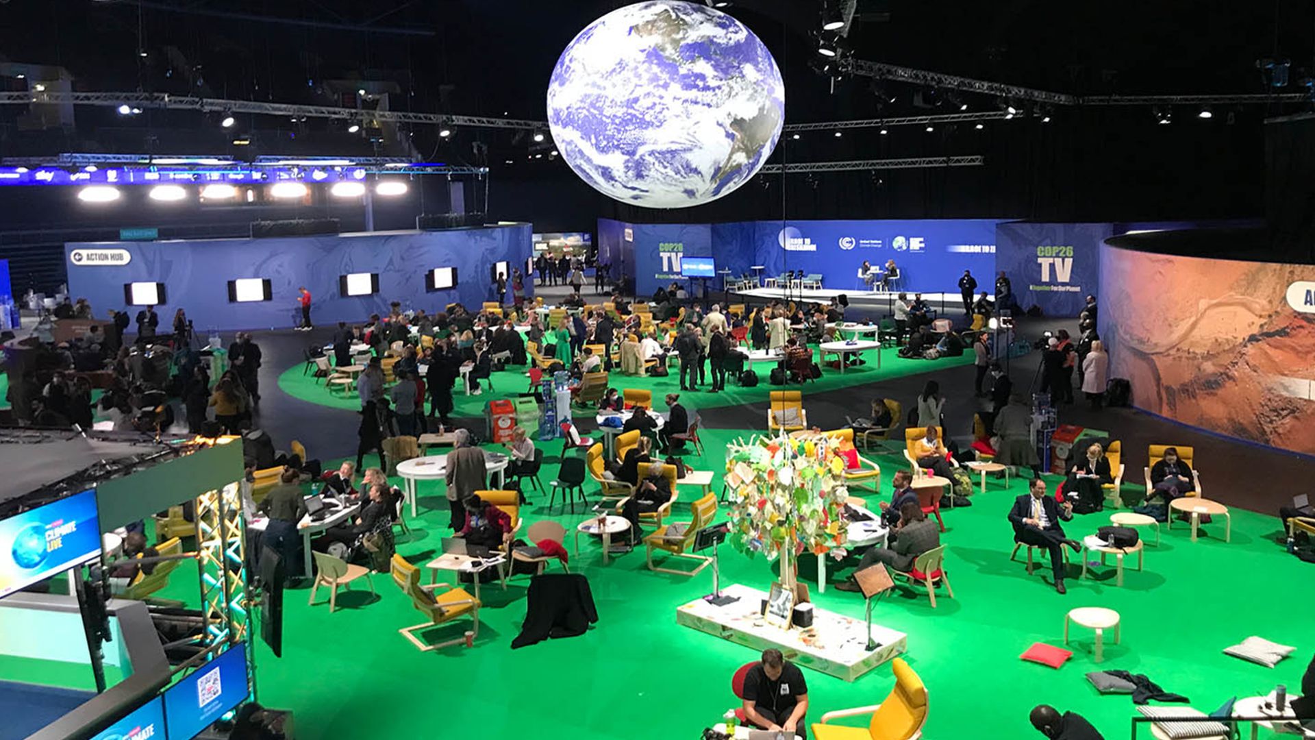 Bird’s-eye view of COP26 venue in Glasgow, with suspended globe