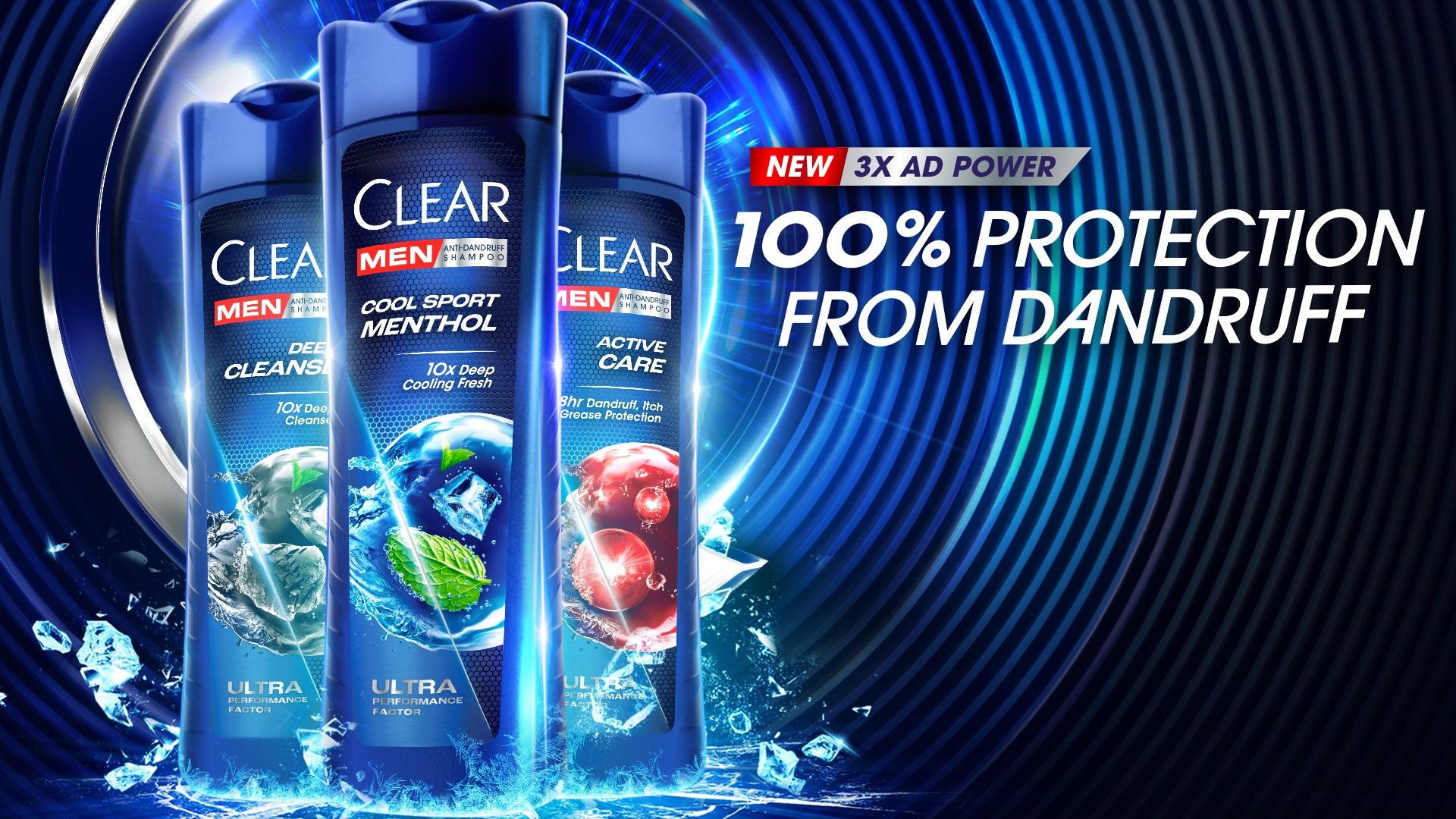 Bottles of Clear Cool Sport Menthol. The best selling anti-dandruff shampoo for men. 