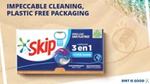 A box of Skip 3-in-1 laundry capsules on a beach with text that reads impeccable cleaning, plastic free packaging.