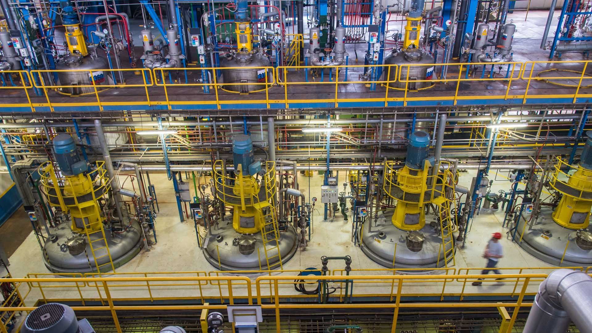 Factory floor at chemical specialists Evonik showing equipment for producing rhamnolipids – a biosurfactant made using sugar.