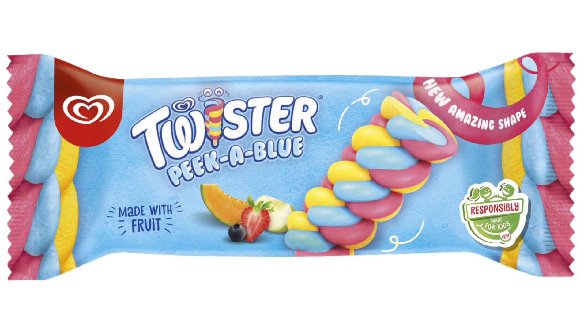 Landscape image of pink and blue Twister Peel-a-Blue lolly