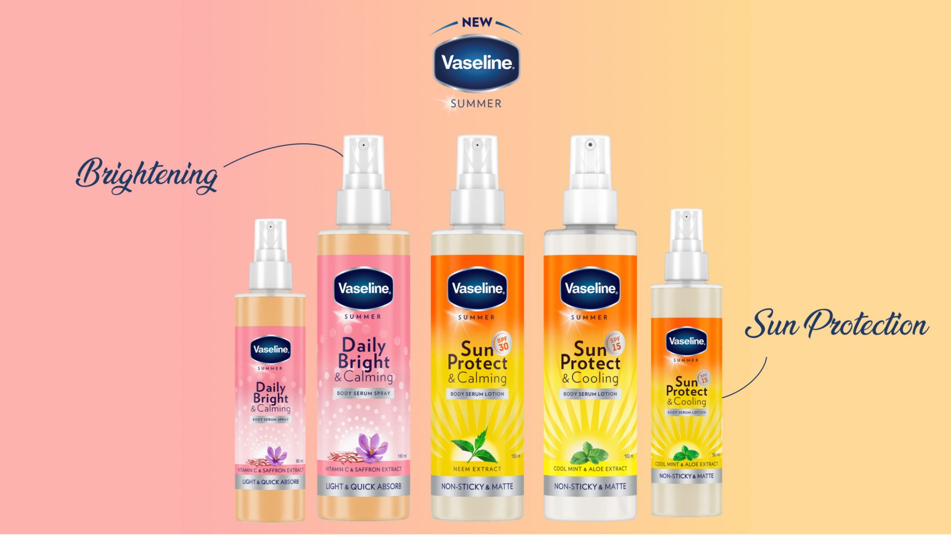 Five bottles of Vaseline's Summer spray, now available in India. Two bottles are pink, three are orange.