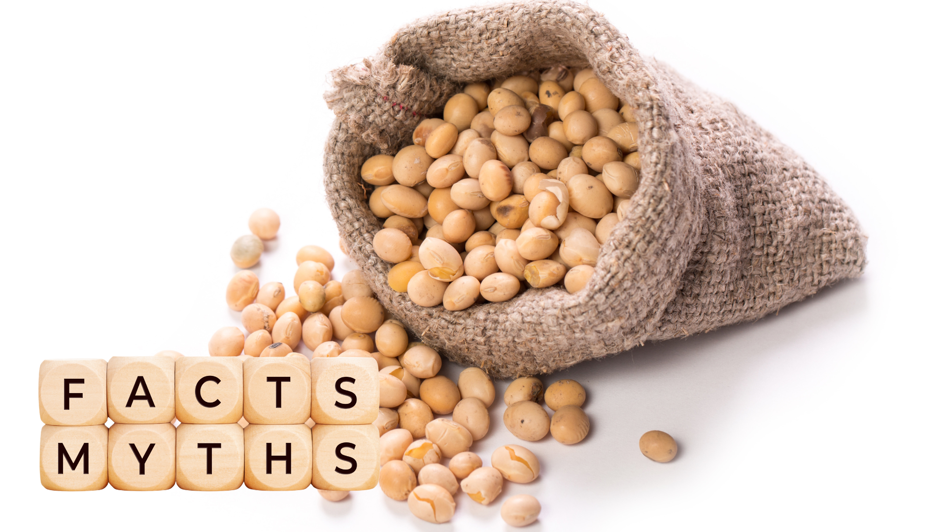 Sack of soybeans with wooden cubes spelling 'Facts Myths'.