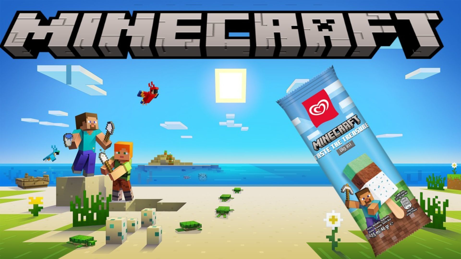 Minecraft characters dig on a beach. Packaging for the new Wall’s limited-edition Minecraft ice cream is in the foreground.