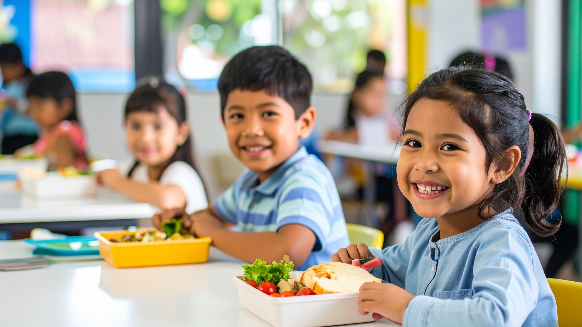Children smiling while eating lunch in a classroom.