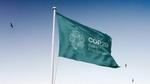 Green flag waving in the wind with the text 'COP29 Baku Azerbaijan' and a circular logo, set against a clear blue sky with birds flying in the background.