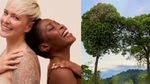 Women stand back to back next to an image of trees that are growing side by side.