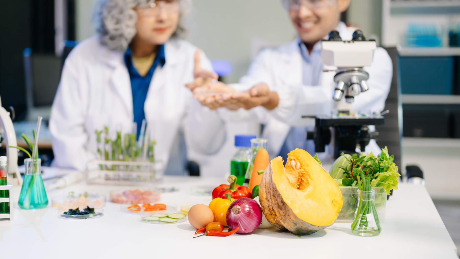 Scientists in lab coats analyzing food samples and vegetables alongside a microscope.