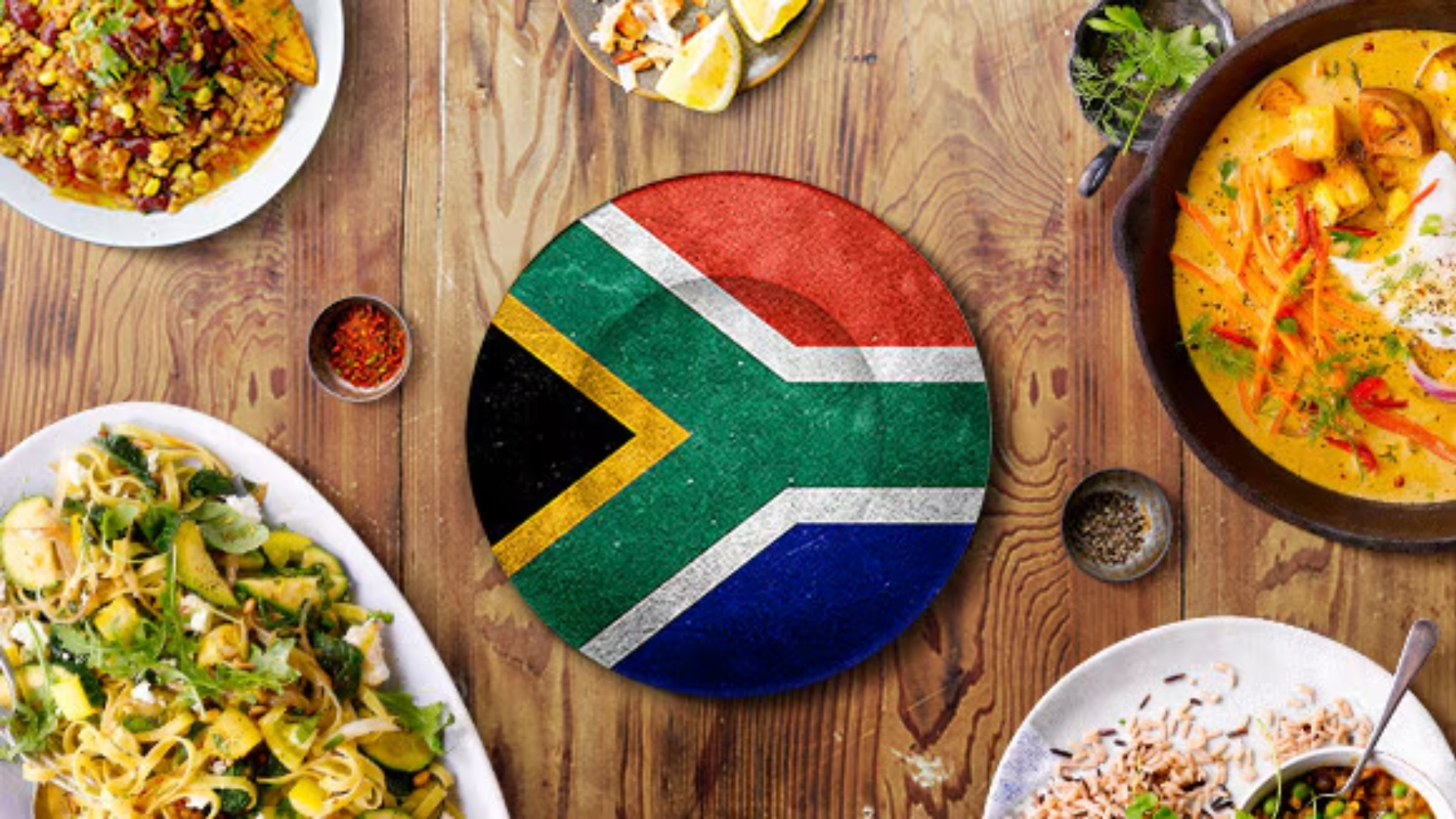South African flag plate surrounded by diverse dishes on a wooden table.