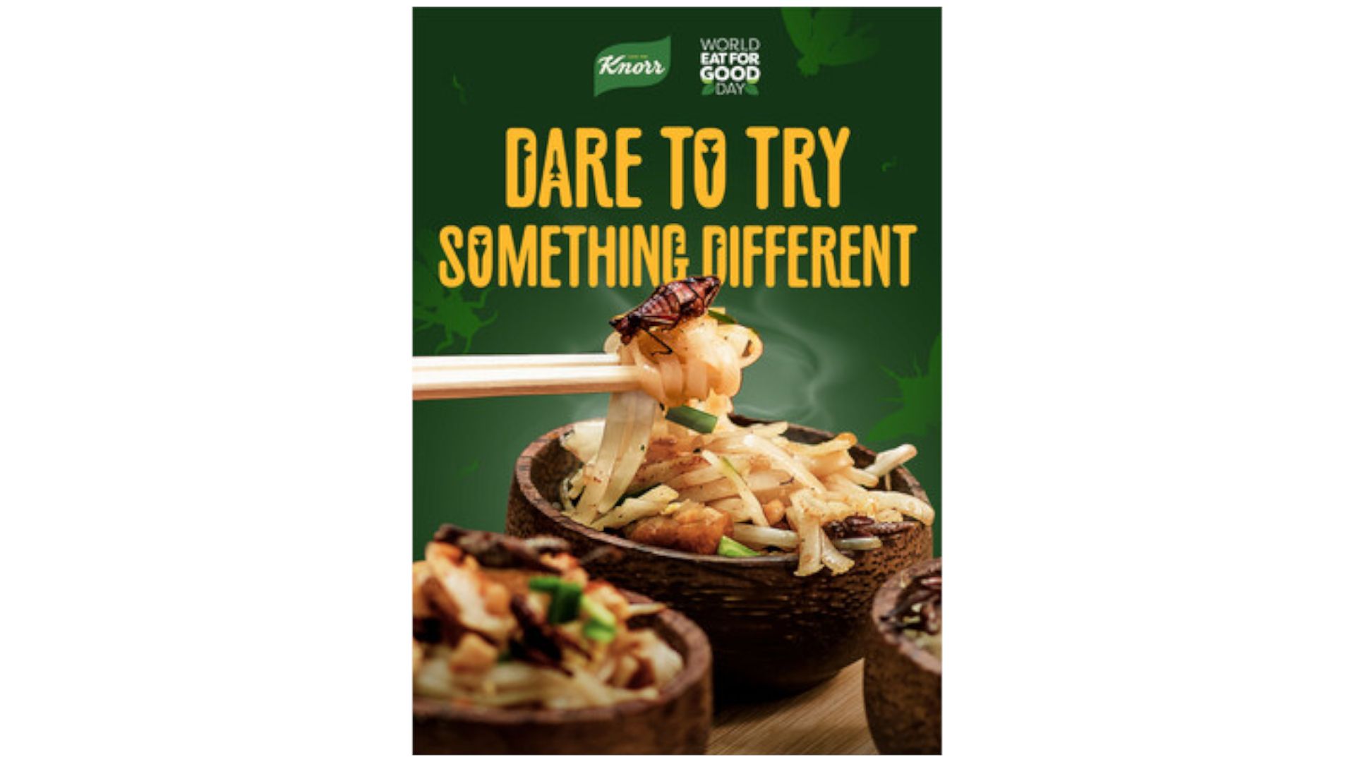 Image of chopsticks lifting noodles out of a bowl with an insect sitting on the food