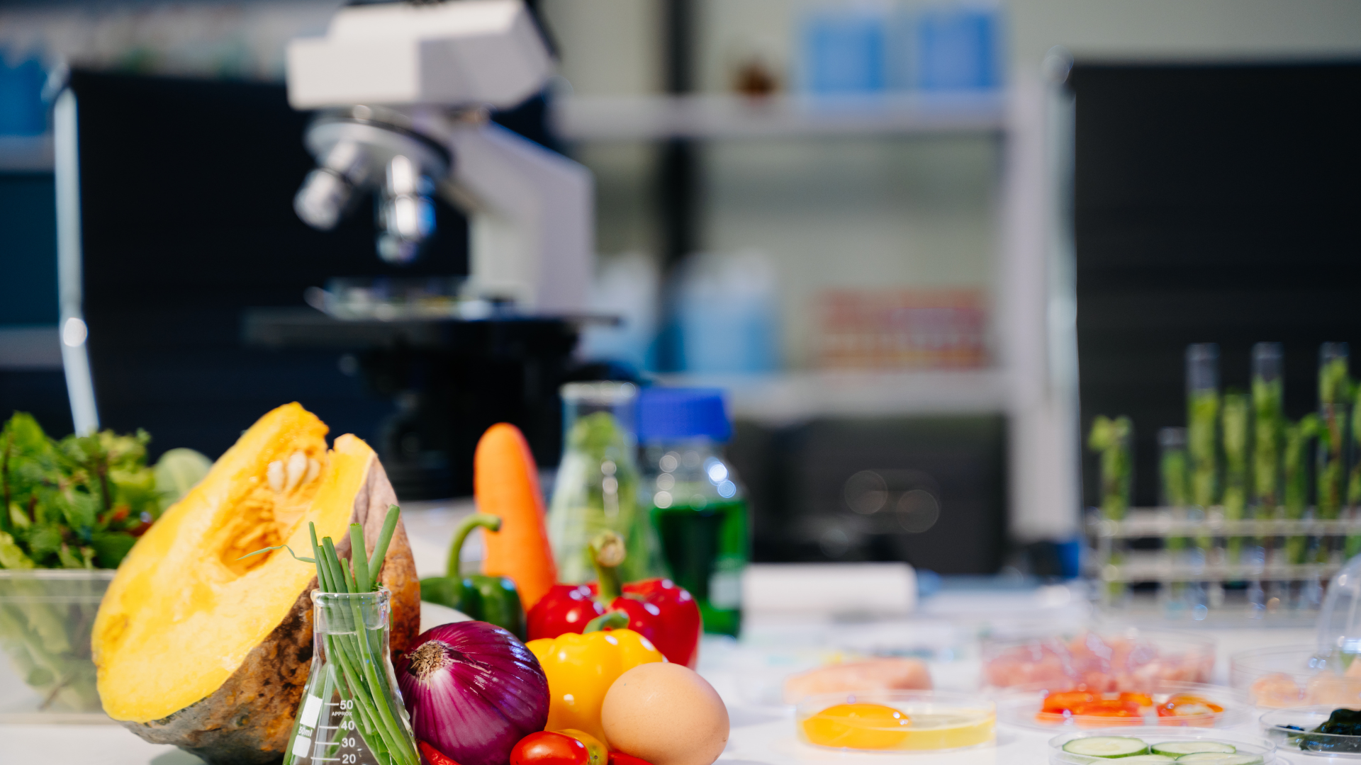 Food items on a counter with a microscope in the background.